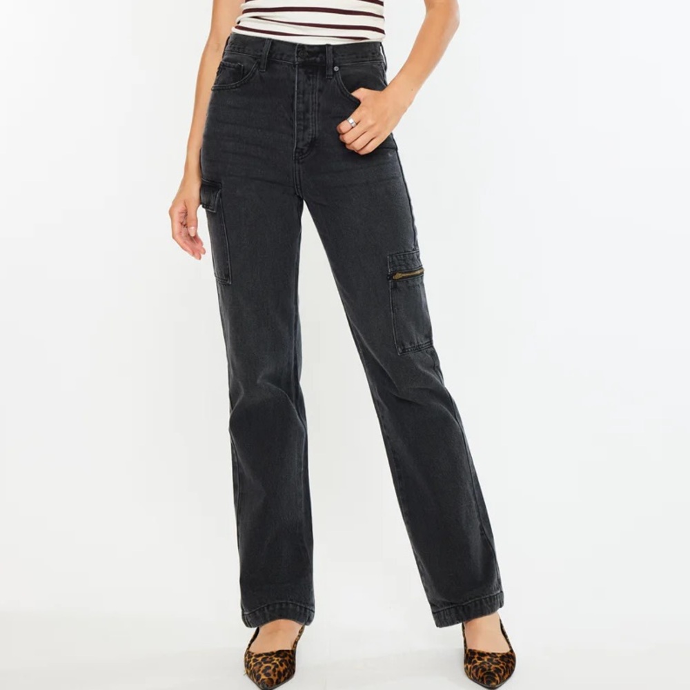 NWT KanCan Black Cargo Straight Leg Jeans Button Fly Utility Denim 7/27